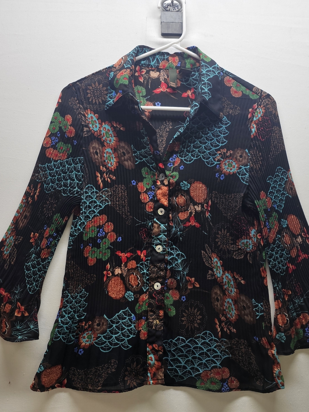 Serenade New York Asian Floral Plisse Pleated Bell Sleeve Blouse S Vtg 90s